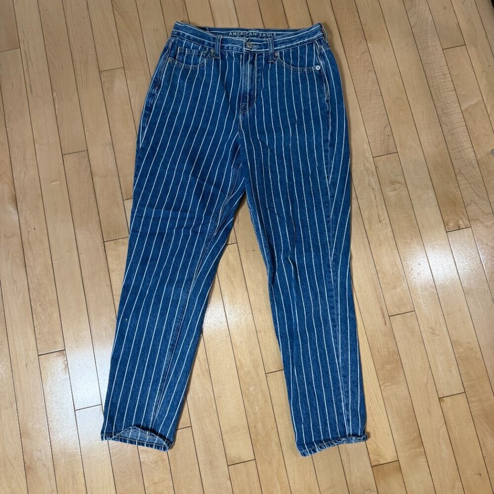 American Eagle Blue Pinstripe High Rise Straight Leg Mom Jeans Women’s Size 4 - Picture 3 of 11